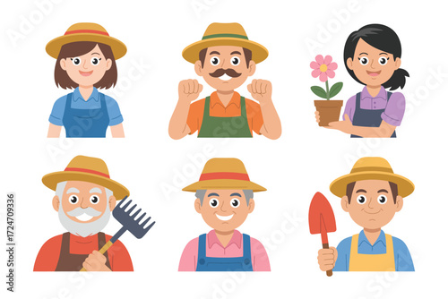Set of Vector Cartoon Farmer Characters Featuring Friendly Farmers with Hats, Pitchforks, and Farm Animals, Great for Farming Promotions, Rural Marketing, and Educational Graphics