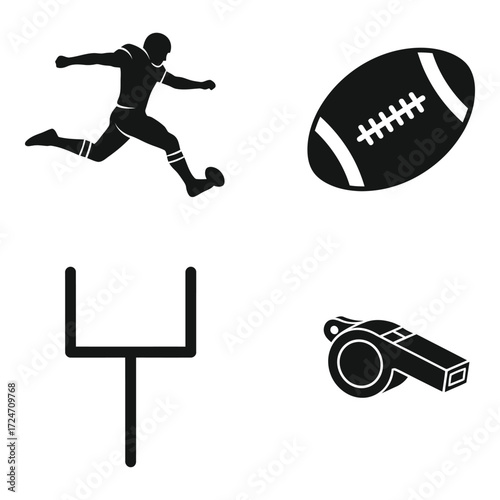 American football icons silhouette set kicker ball goalpost whistle sports graphics