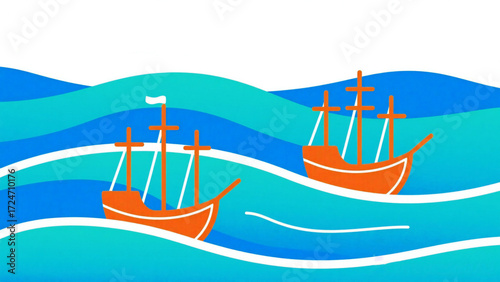 Vibrant orange sailing ships navigate dynamic blue ocean waves, evoking adventure and exploration on a bright, clear day.