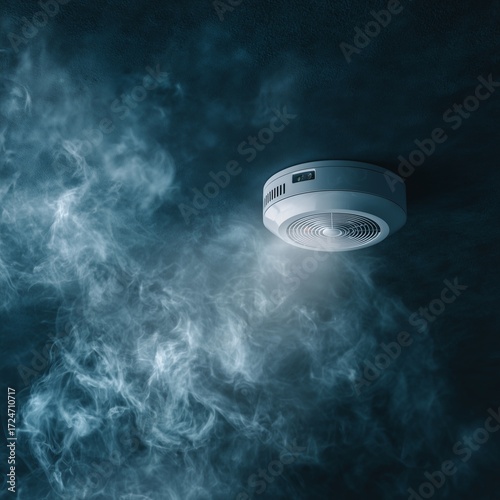 Smoke Detector: A smoke detector with a light shines and emits a soft glow, as smoke fills the air. A silent guardian, a sentinel of safety, protecting what matters most.