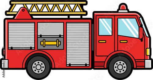 Modern Flat Vector Ladder Fire Truck Side View – Detailed Red Emergency Vehicle Illustration