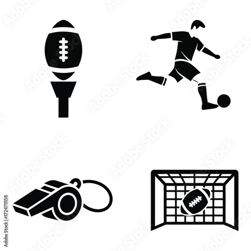 Sports icons set featuring american football soccer goal whistle and player kicking ball