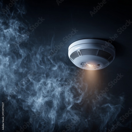 Smoke Detector Alert: A smoke detector alerts of a potential fire hazard, emitting a warning beam as smoke fills the space. It's a crucial image of safety and security.