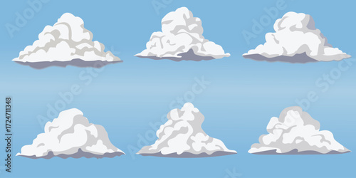 various kinds of Minimalist vector illustration of fluffy white clouds on a bright blue sky background, simple flat design style, isolated cumulus clouds with soft shadows, 