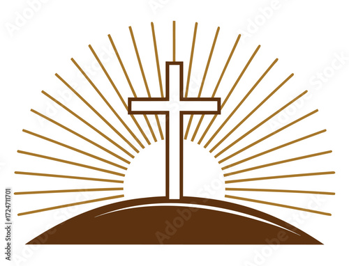Christian Cross on Hill Symbol with Rays of Light Illustration Graphic