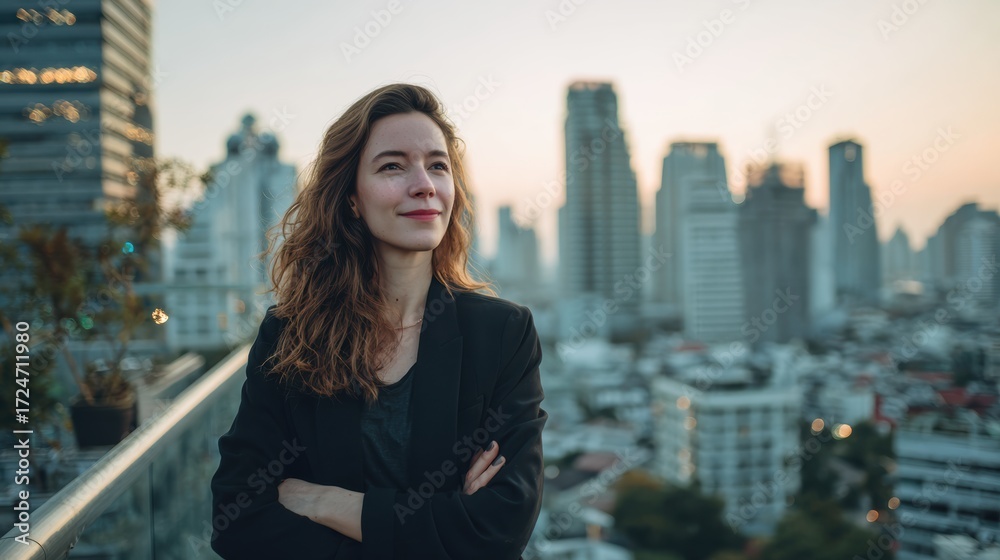 Fototapeta premium Confident businesswoman overlooking a city skyline during sunset, embodying ambition and success.