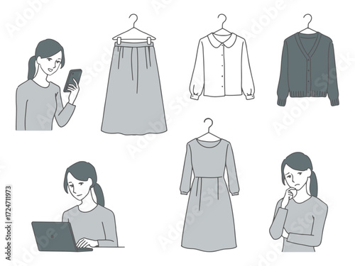 若い女性がネットで服選びをしている手描きの線画イラストセット