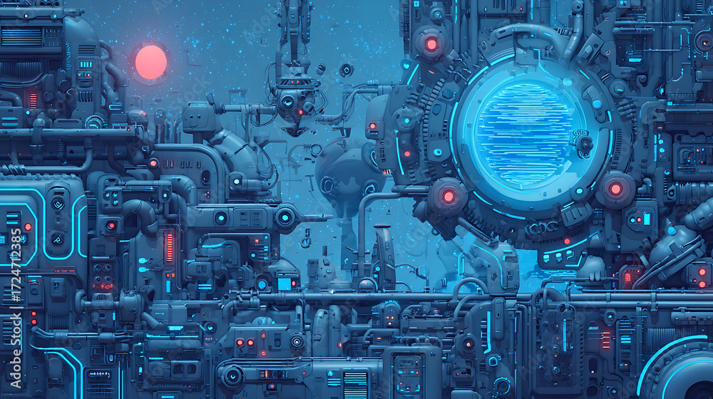 Fototapeta premium Cybernetic Factory with Floating Interfaces and Glowing Shapes 