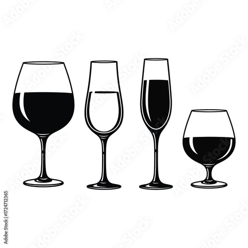 Four distinct glassware types for wine champagne and spirits collection isolated