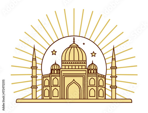Minimalist Taj Mahal Illustration with Golden Rays and Star Accents