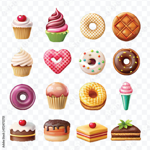 realistic 3d delicious food icons set isolated on transparent background