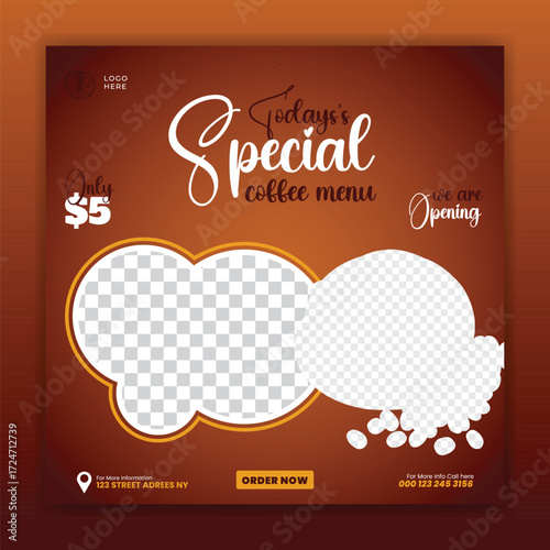 Coffee, tea shop drink menu promotion social media Instagram post banner template design