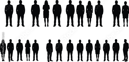 Standing silhouette, human figure, black shape, diverse posture, casual attire, demographic pose, crowd formation, gender mix, data, anonymity