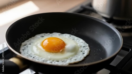 Cooking and food. Fried egg cooking black pan gas stove, food preparation with bright yellow yolk, breakfast meal, cooking delicious sunny side up