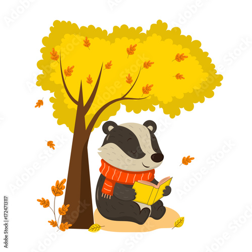 Cute cartoon badger sitting under a yellow autumn tree and reading a book. Cozy fall illustration with colorful leaves, woodland animal character, children’s seasonal design.