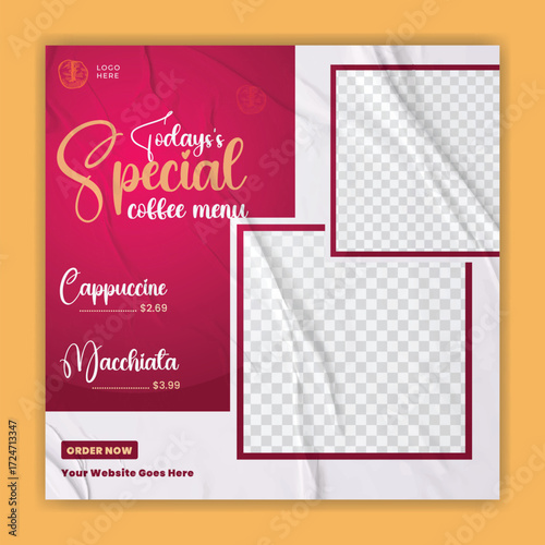 Coffee, tea shop drink menu promotion social media Instagram post banner template design
