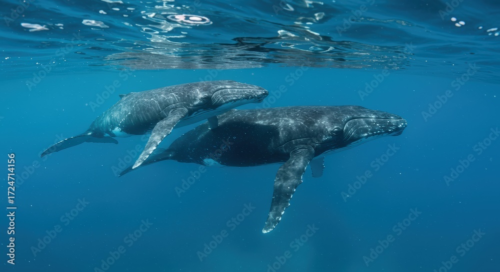 Obraz premium Underwater whale calf and mother
