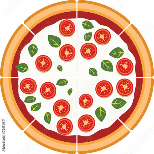 Top-down vector illustration of a pizza with tomato slices, basil leaves, and mozzarella cheese on a crust with visible slices.