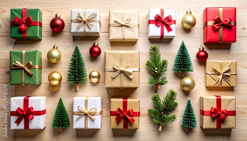 クリスマスギフト、プレゼントボックス、クリスマスオーナメント、ゴールドのリボン、赤いリボン、ミニクリスマスツリー、平置き構図、木製背景、ホリデーデコレーション、冬のギフトアイデア
