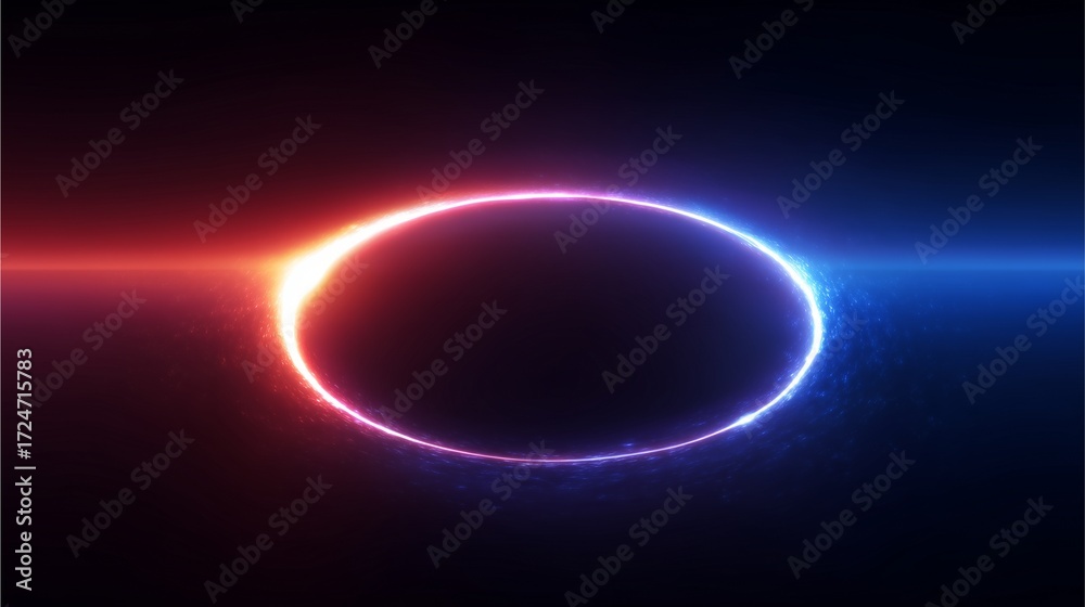 Obraz premium Abstract Circle: A luminous, abstract ring shimmers with vibrant red and blue hues against a deep, dark backdrop, creating a striking display of light and color.