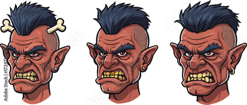 Angry cartoon character illustration, fierce mohawk hairstyle, exaggerated facial expression, fantasy warrior design, digital art mascot, game avatar, aggressive emotion artwork, stylized face drawing