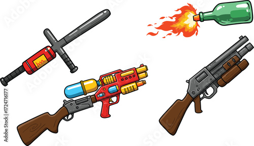 Cartoon weapon illustration, colorful fantasy sword, Molotov cocktail art, futuristic gun design, revolver drawing, bright stylized weapons, gaming concept art, comic style arsenal, digital artwork