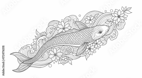 Detailed Drawing of Carp with Flowers and Waves on white background