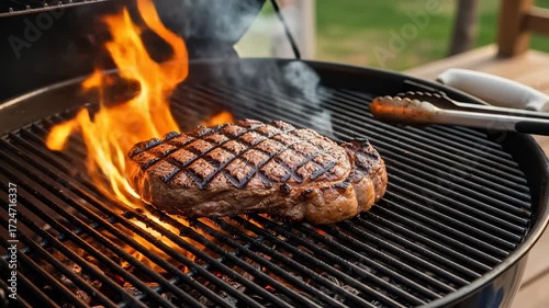 Cooking and food. Grilled steak barbecue grill with flame and smoke, delicious outdoor summer meal, juicy flavorful meat perfect for backyard