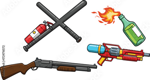 Weapons illustration, riot control objects, combat equipment, fire extinguisher, Molotov cocktail, shotgun, toy gun, batons, protest tools, conflict icons, dangerous items, colorful vector design