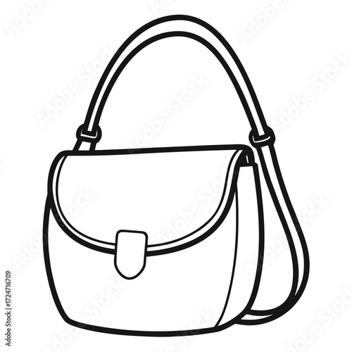 Simple black and white outline vector illustration of a comfortable handbag with a strap vector
