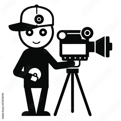Simple vector illustration of a cameraman with a retro video camera and film reel iconic design vector