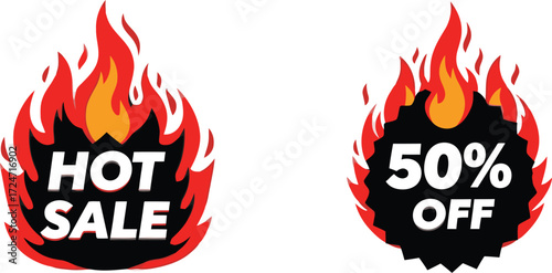 Fiery hot sale 50% off discount tag special offer promotion element vector