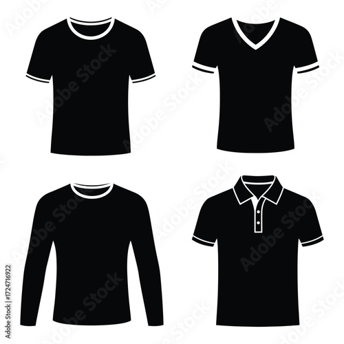 Set of four black silhouette t-shirts including crew neck v-neck long sleeve and polo styles