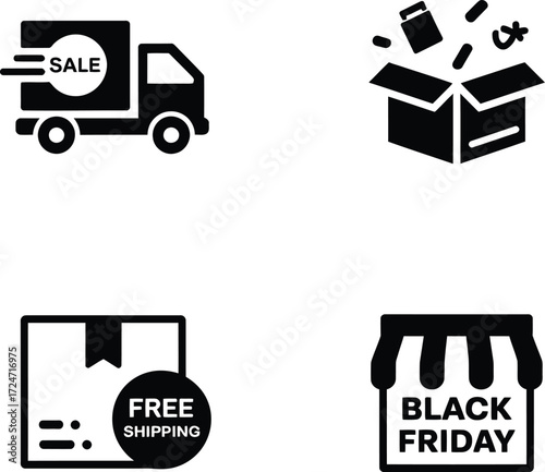 Delivery truck free shipping black friday box store icons set vector