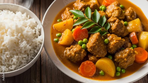 Cooking and food. Beef stew with potato, carrot, green pea, and rice wooden table, delicious cooking food, warm comforting meal, curry meat potato