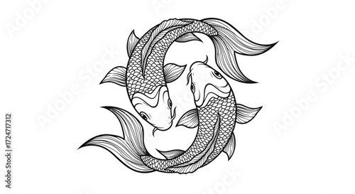 Two Koi Fish Intertwined Black and White Hand Drawn Design