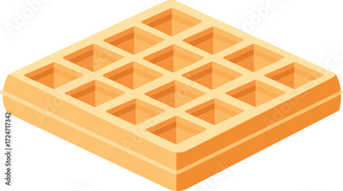 Isometric illustration of a golden brown waffle with a grid pattern, isolated on a white background.