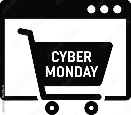 Cyber monday shopping cart on computer screen online e commerce sale event vector