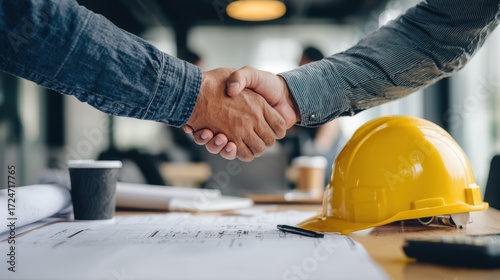 Two professionals shake hands, symbolizing partnership in a modern office with construction plans and a hard hat.