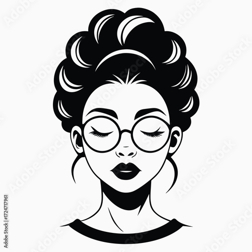 Stylized black and white vector illustration of a woman with glasses and updo hair vector