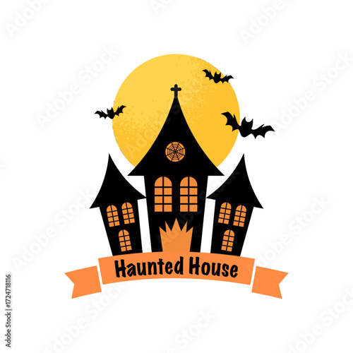Cute Halloween Background with Haunted House Ribbon Text