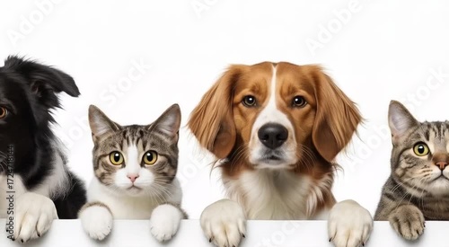 Happy dog and cats posing together on white background representing friendship companionship and animal love