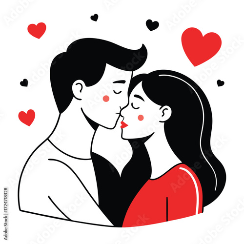 Minimalist vector illustration of a couple embracing affectionately with hearts scalable eps vector