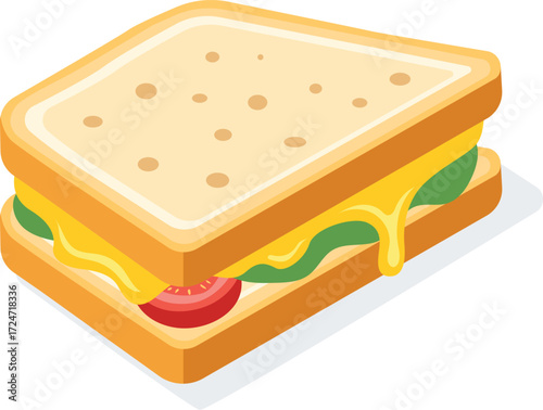 Isometric illustration of a sandwich with bread, cheese, lettuce, and tomato, casting a shadow on a white background.