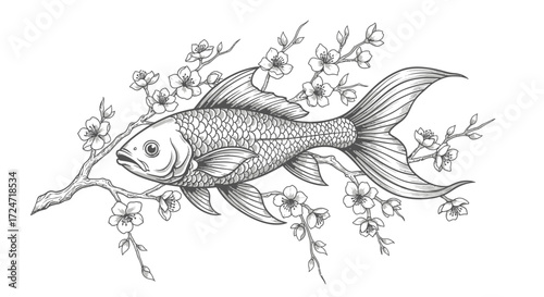 Koi fish with blooming cherry blossom branch hand drawing art