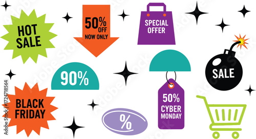 Black friday cyber monday sale discount offer icons shopping cart bomb icon vector