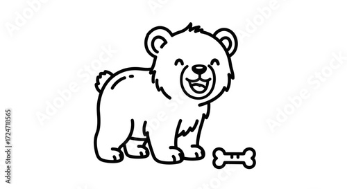 Cartoon Little Bear with Bone Smiling Illustration Line Art