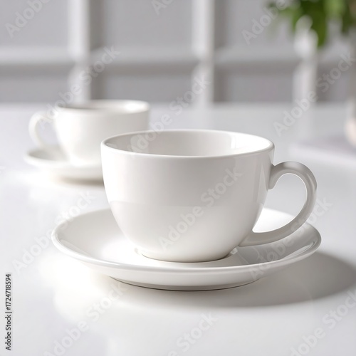 Two white ceramic teacups and saucers on a white surface