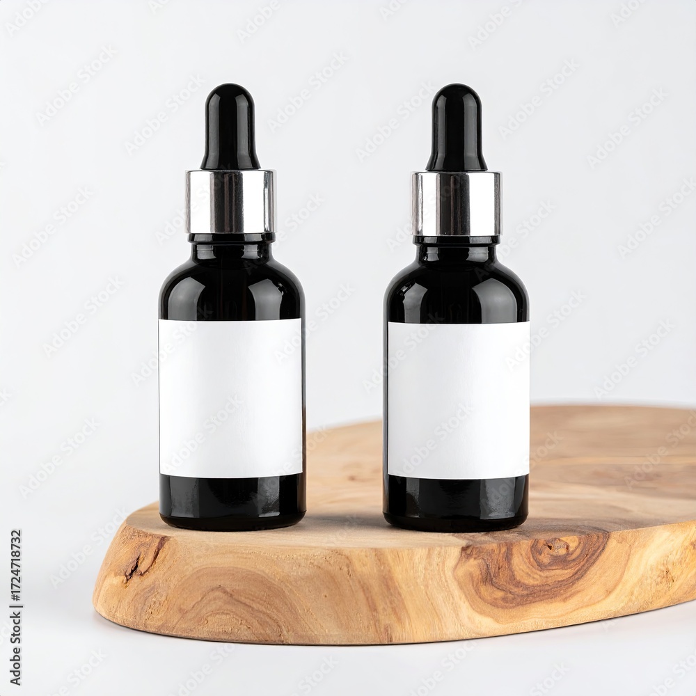 Naklejka premium Two dark glass bottles with silver droppers and blank white labels sit on a light wood slice against a white background