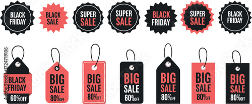 Collection of black friday and big sale discount tags and labels vector